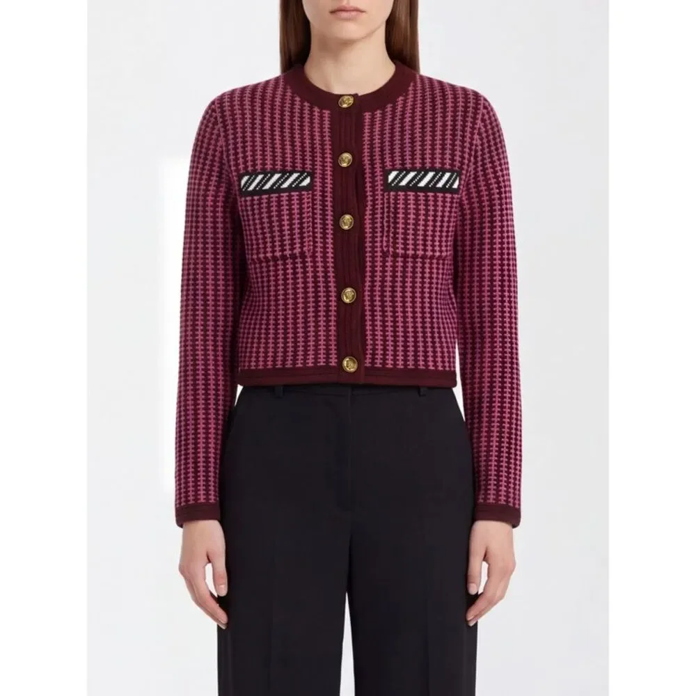 Versace Women Versace Striped Virgin Wool Crewneck Cardigan With Patch Pockets